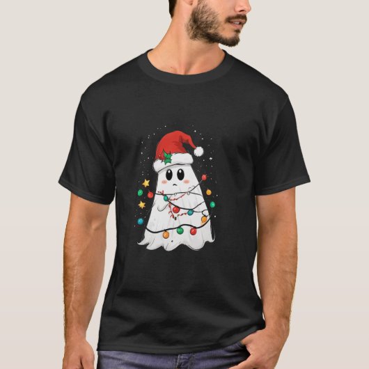 ブー幽霊サンタクリスマスライトハロウィンクリスマスメンズ Tシャツ (正面)