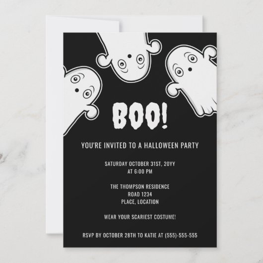 ブー幽霊不気味白黒ハローウィンパーティ 招待状 (正面)