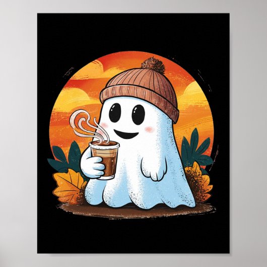 ブー幽霊飲みコーヒーハロウィーンコスチューム女性 ポスター (正面)