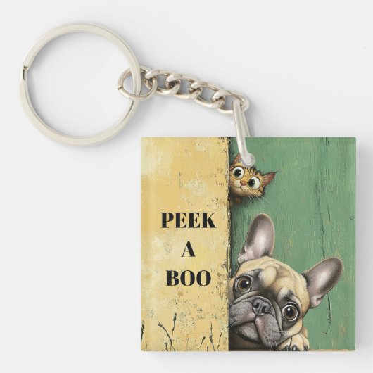 ブー猫の犬をのぞき見る キーホルダー (正面)