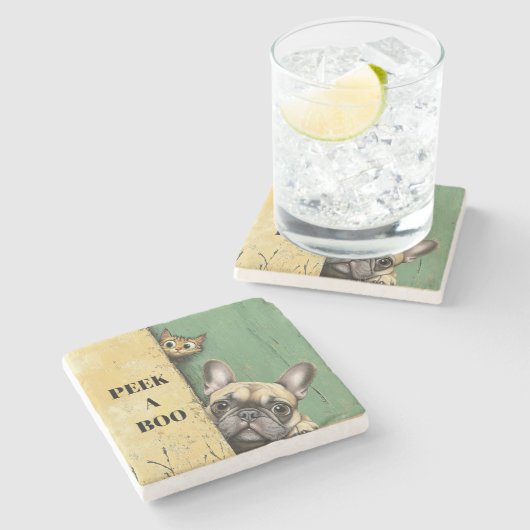 ブー猫の犬をのぞき見る ストーンコースター (横)