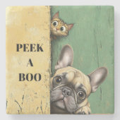 ブー猫の犬をのぞき見る ストーンコースター (正面)