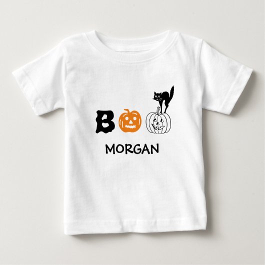 ブー黒猫オレンジカボチャ名前をカスタムするハロウィン ベビーTシャツ (正面)