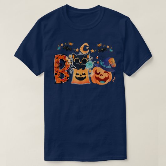 ブー黒猫ハロウィーンカボチャ魔女ハット子猫 Tシャツ (デザイン正面)