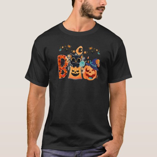ブー黒猫ハロウィーンカボチャ魔女ハット子猫 Tシャツ (正面)