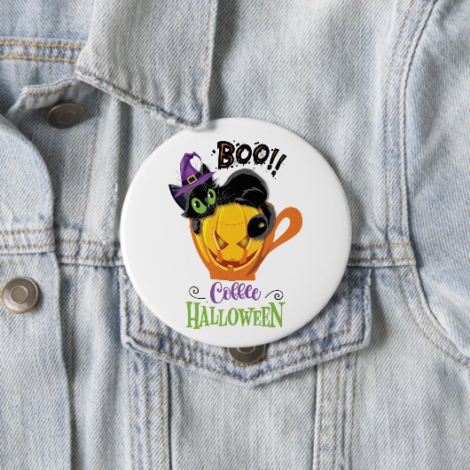 ブー黒猫、怖いカボチャのコーヒーハロウィーン 缶バッジ (インサイチュ)