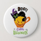 ブー黒猫、怖いカボチャのコーヒーハロウィーン 缶バッジ (正面)