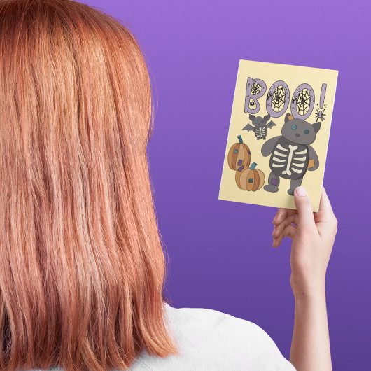 ブー!かわいいパッチワークのスケルトンキャットとこうもりハロウィン ポストカード
