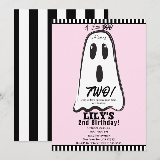 ブー！ かわいい幽霊 ピンクのハロウィン お誕生日おめでとう 招待状 (正面/裏面)