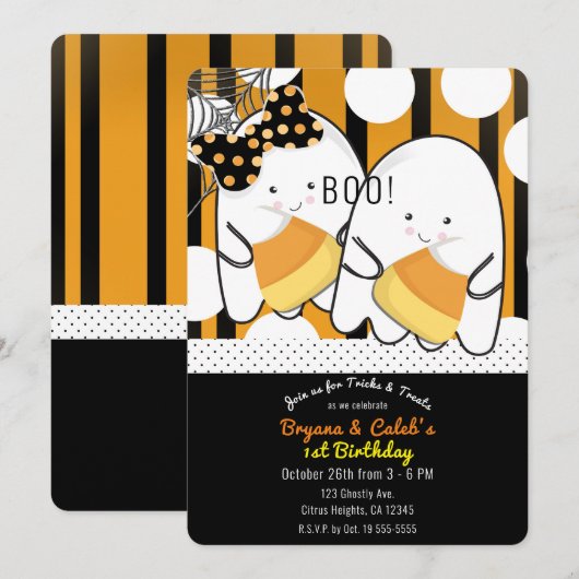 ブー かわいい お化け 双子 ハロウィン お誕生日会 招待状 (正面/裏面)