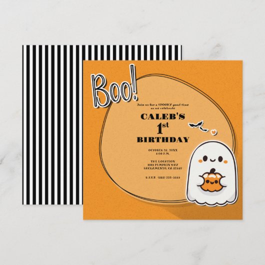 ブー！ちびゴーストのハロウィン1歳の誕生日パーティー 招待状 (正面/裏面)