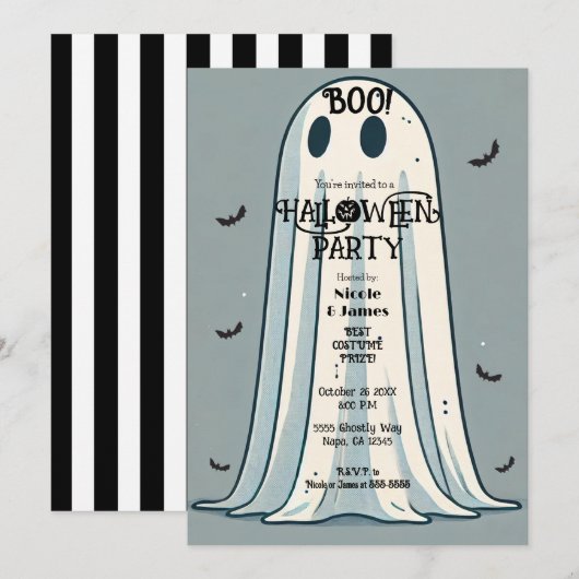 ブー！ シート幽霊 ビンテージグリーン ハロウィン 招待状 (正面/裏面)