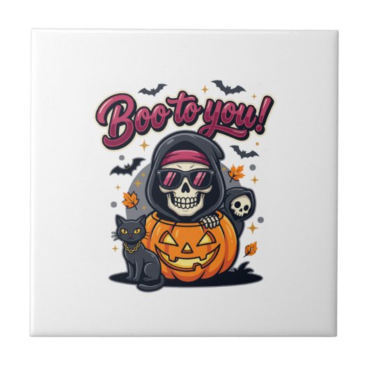 ブー・トゥ・ユー・ハロウィン・スケルトン・パンプキン タイル (正面)