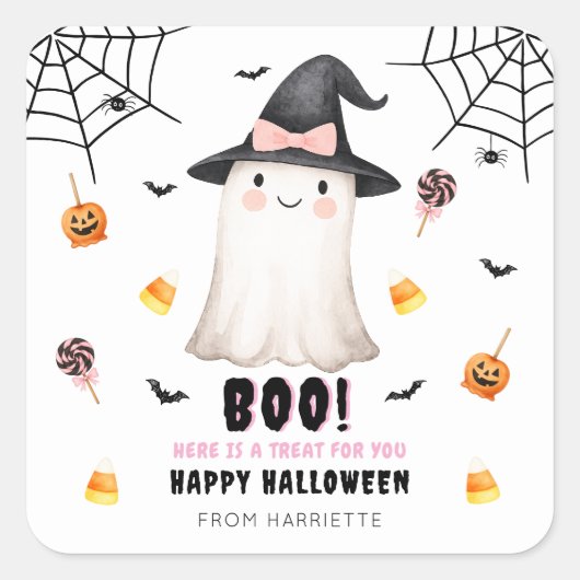 ブー ハッピー ハロウィン かわいい おばけ スクエアシール (正面)