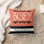 ブー!ハロウィンオレンジ&白黒シストライプのック クッション (ブランケット)