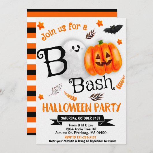 ブー!ハロウィーン幽霊かわいいスプーク文字かぼちゃ 招待状 (正面/裏面)