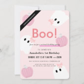ブー！ハロウィーン幽霊ガールピンクバーチャル誕生日 招待状 (正面)