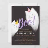 ブー！ハロウィーン幽霊キャットキュートパープル誕生日 招待状 (正面)