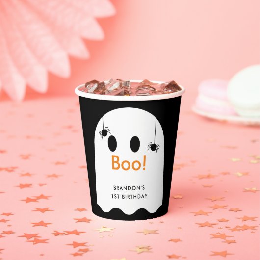 ブー！ハロウィーン幽霊ボーイブラック誕生日 紙コップ (インサイチュ)