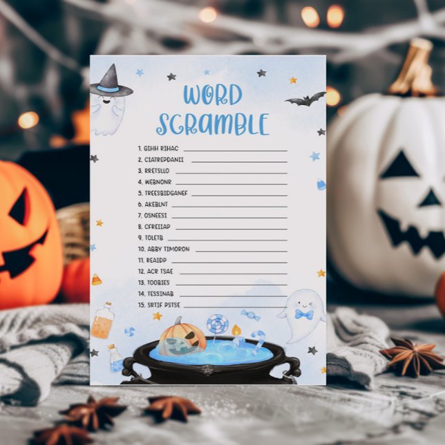 ブー・ハロウィーン赤ちゃんシャワー単語スクランブルゲーム (Blue Oh Sheet Baby Shower Word Scramble Game)