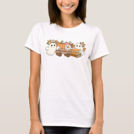 ブー&ブックス かわいいお化けの読書の秋のデザイン Tシャツ