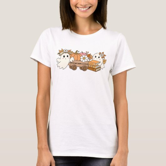ブー&ブックス かわいいお化けの読書の秋のデザイン Tシャツ (正面)