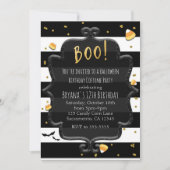 ブー！ブラック&ホワイトキャンディストライプのコーンハロウィーン 招待状 (正面)