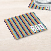 ブー！ミュートされたオレンジと紫のハロウィンストライプの スクエアペーパーコースター (アングル)