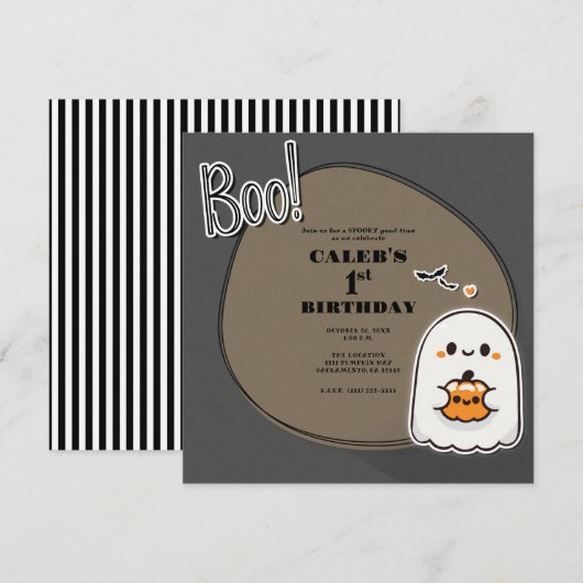 ブー!リトルゴーストグレー ハロウィン 1歳の誕生日 招待状 (正面/裏面)