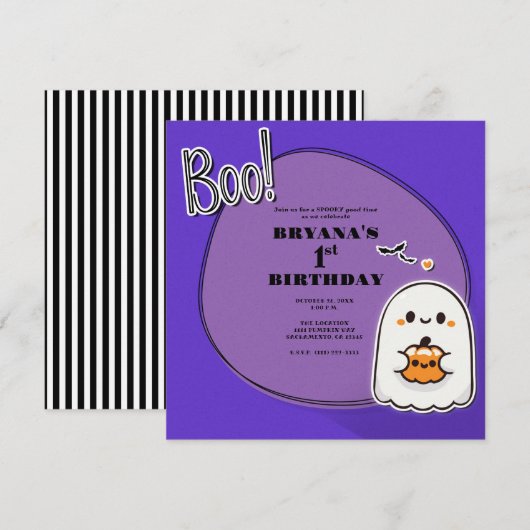 ブー!リトルゴーストパープルハロウィン1歳の誕生日 招待状 (正面/裏面)