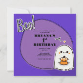 ブー!リトルゴーストパープルハロウィン1歳の誕生日 招待状 (正面)