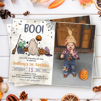 ブー!誕生日1回目のパーティーハロウィンフォト 招待状