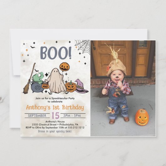 ブー!誕生日1回目のパーティーハロウィンフォト 招待状 (正面)