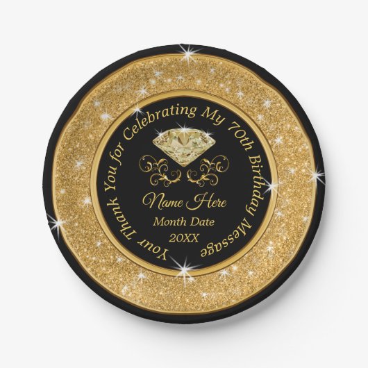 ブ素晴らしラック&金ゴールド70歳誕生パーティープレート ペーパープレート (正面)