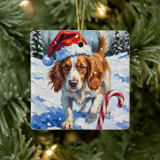 ブrittanyスパニエルがクリスマスのキャンディを指差す セラミックオーナメント (ツリー)