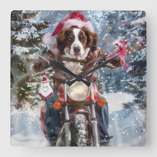 ブrittany スパニエル犬のバイククリスマス スクエア壁時計 (正面)