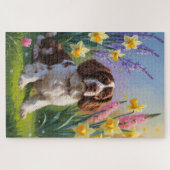 ブrittany スパニエル犬 春の花の絵画 ジグソーパズル (横)