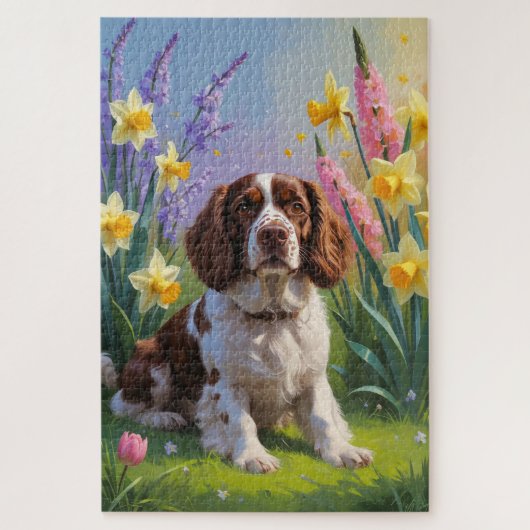 ブrittany スパニエル犬 春の花の絵画 ジグソーパズル (縦)
