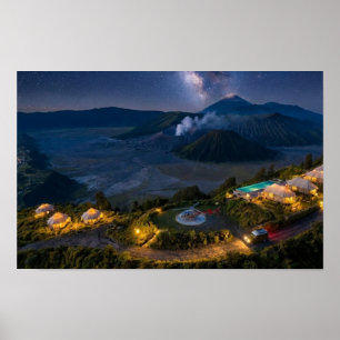 ブromo山航空写真夜間火山高級ウォールアート ポスター