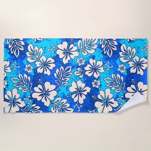 プアアロハハワイアンハートシェイプハイビスカスブルー ビーチタオル (正面)