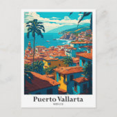 プエルトバラルタメキシコヴィンテージトラベルイラストレーション ポストカード (正面)