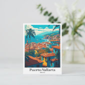 プエルトバラルタメキシコヴィンテージトラベルイラストレーション ポストカード (スタンド正面)
