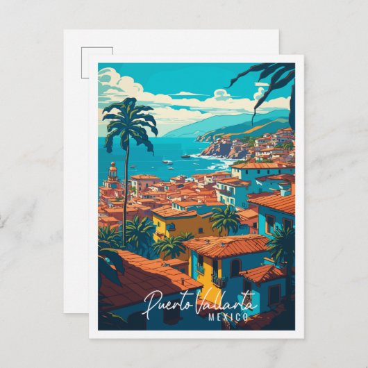 プエルトバラルタメキシコヴィンテージ旅行イラストレーション ポストカード (正面/裏面)