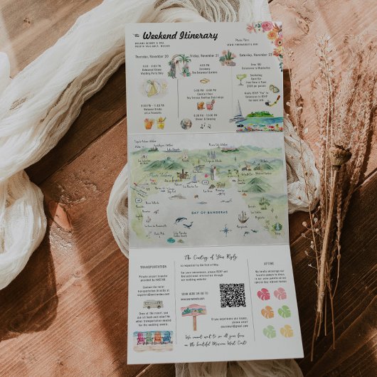 プエルトバラルタ結婚ウォーターカラーの日程 三つ折り招待状