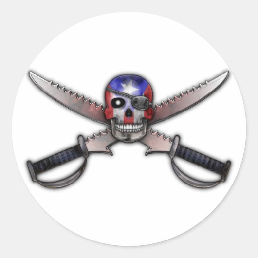 プエルトリカ国旗 – スカルと交差した剣 ラウンドシール (正面)