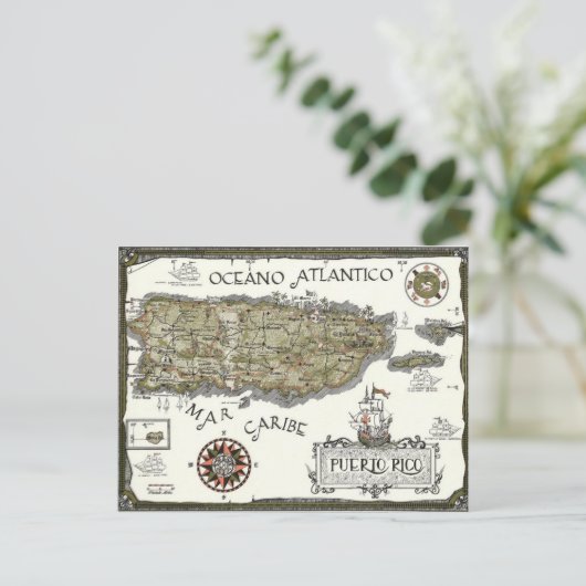 プエルトリコのイラスト入りスペイン地図ポストカード ポストカード (スタンド正面)