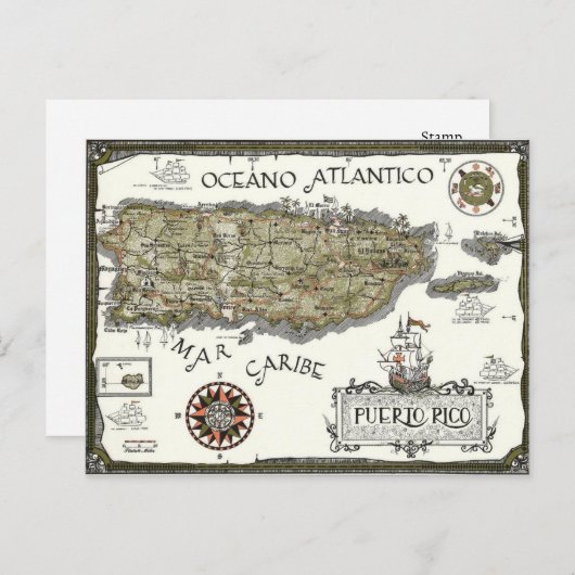 プエルトリコのイラスト入りスペイン地図ポストカード ポストカード (正面/裏面)