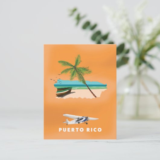 プエルトリコの図解入りの、写真付きの地図の旅行ポスター。 ポストカード (スタンド正面)