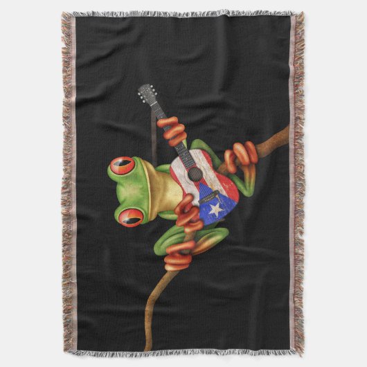 プエルトリコの旗のギターの黒を遊んでいるアマガエル スローブランケット (正面縦)