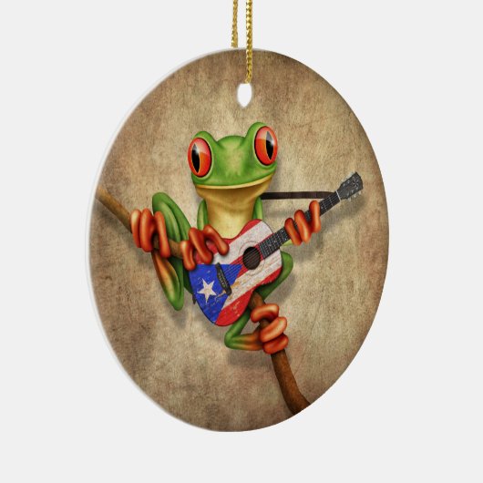 プエルトリコの旗のギターを演奏しているアマガエル セラミックオーナメント (右)